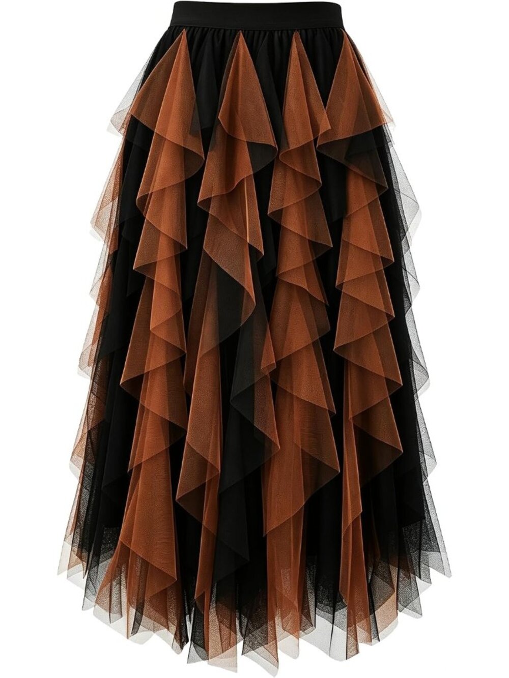 Women's Black Brown High Waist Layered Tulle Mesh Ruffle Asymmetric Midi Skirt